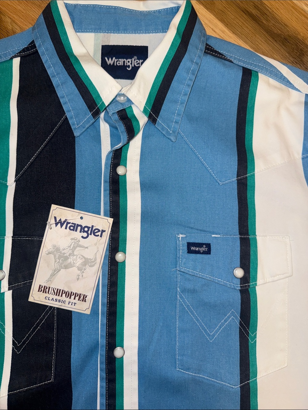 Wrangler Blue Teal Black White Brushpopper Western Shirt *New With Tag* - Picture 4 of 5